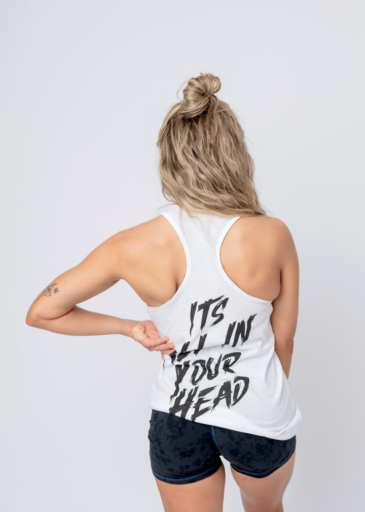 Its All In Your Head Women's Racerback Tank back logo/white